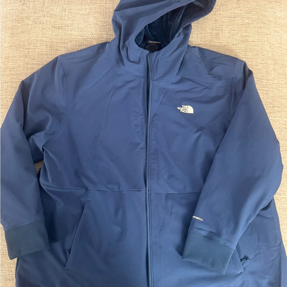 North Face Women’s Plus Shelbe Raschel coat with hood. Shady Blue.